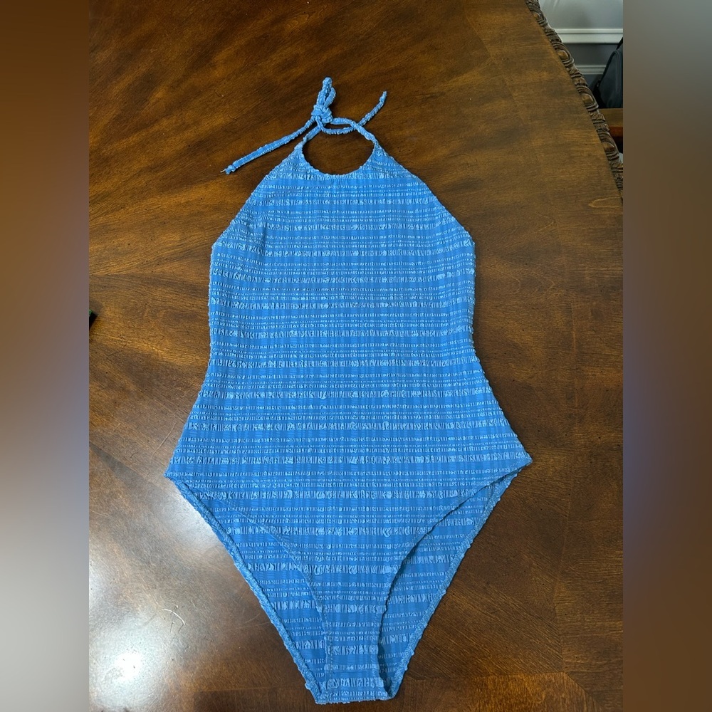 Lisa Marie Fernandez Blue Striped Seersucker Halter Maillot One Piece - Picture 2 of 2